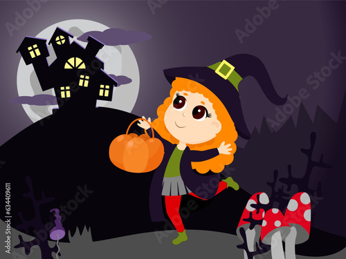 A little witch girl is walking with a candy basket to the castle on the mountain. Cartoon illustration for Halloween.