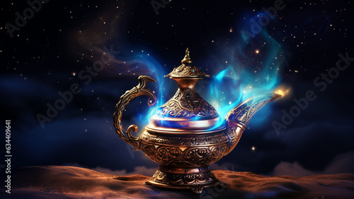 Magic oriental golden Alladin's lamp with shiny blue smoke or genie on the night background. Old arabic persian traditional teapot made of brass photo