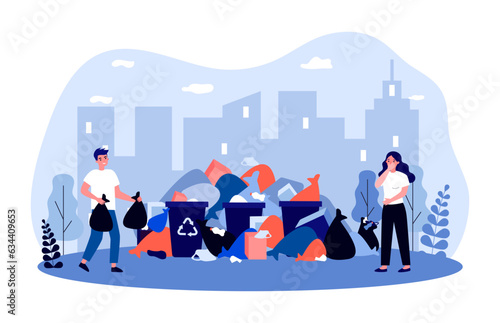 People next to pile of trash on street vector illustration. Cartoon drawing of recycling bins, trash bags and rubbish, strike of garbage collectors. Ecology, pollution, urban life concept