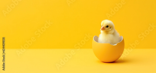 small yellow chicken in a shell on a yellow background. postcard with copy space, easter concept. 