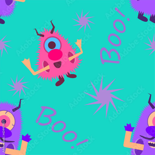 Seamless baby pattern. Pink and purple little monsters with horns and fur. Inscription BOO. Pattern for textiles  gifts  cards  and other childen s goods. Pattern for printing. Vector