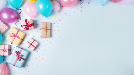 Birthday party background with copy space. Holiday frame with colorful balloon, gift, confetti and streamer. Top view. Created with Generative AI technology.