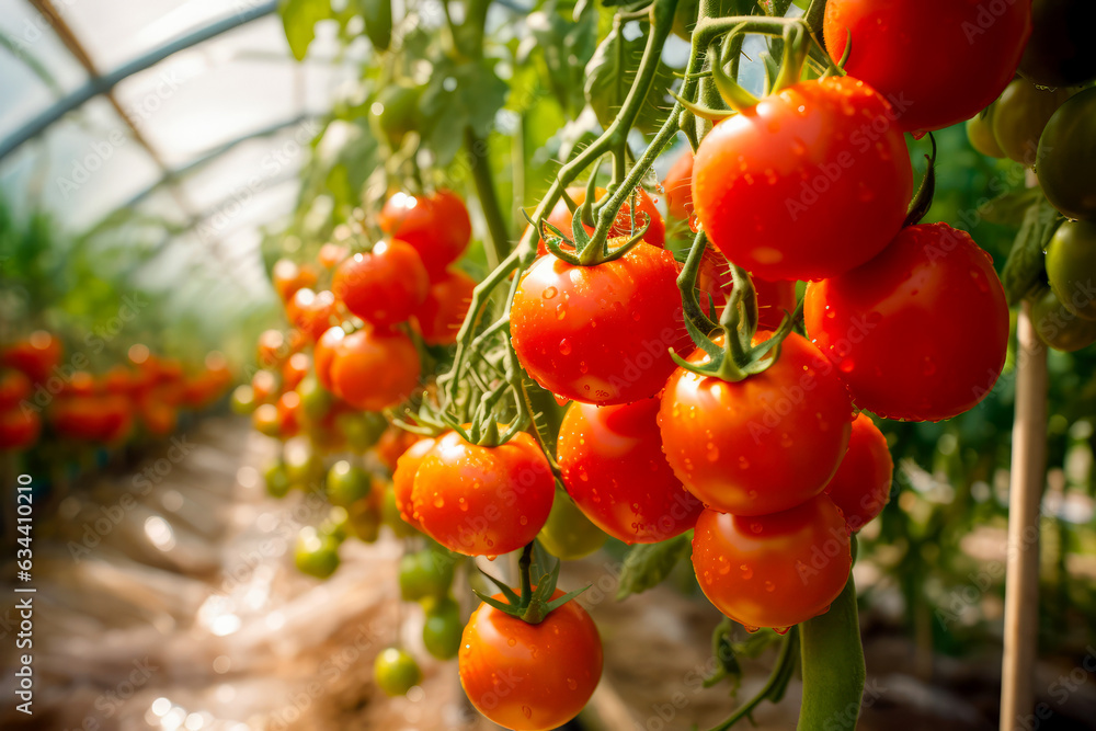 Beautiful Ripe Tomatoes Inside A Greenhouse. Ai Generated
