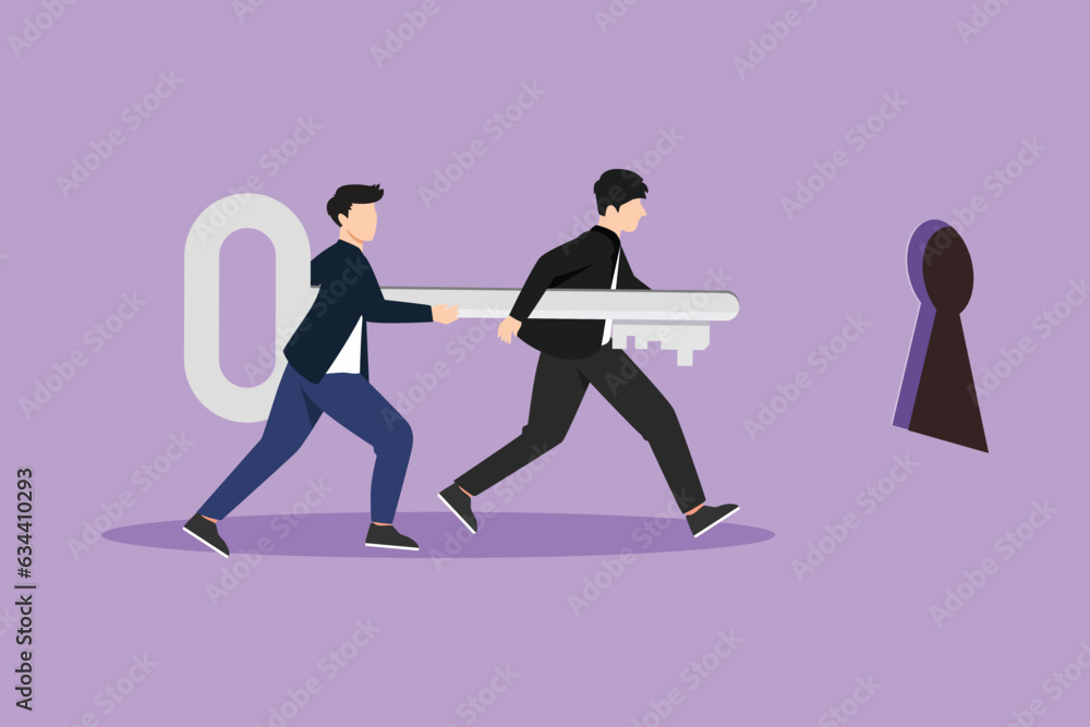 Character flat drawing business teamwork key of success concept. Businessman working in team. People bring big key to hole, stepping forward to open bright future. Cartoon design vector illustration Character flat drawing business teamwork key of success concept. Businessman working in team. People bring big key to hole, stepping forward to open bright future. Cartoon design vector illustration
