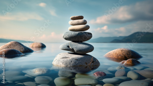 Concept of harmony and balance. Balance stones against the sea. Created with Generative AI technology.