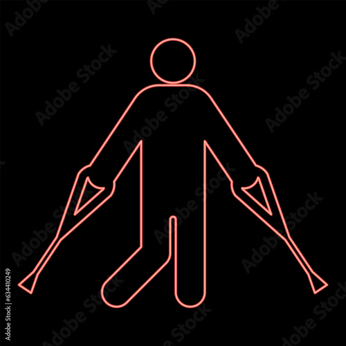 Neon man with crutchs crutches broken leg in cast gypsum bone injury fracture red color vector illustration image flat style