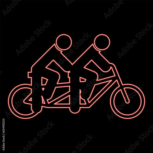 Neon two people on tandem bicycle ride together bike team concept riding travel red color vector illustration image flat style