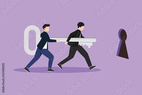 Character flat drawing business teamwork key of success concept. Businessman working in team. People bring big key to hole, stepping forward to open bright future. Cartoon design vector illustration