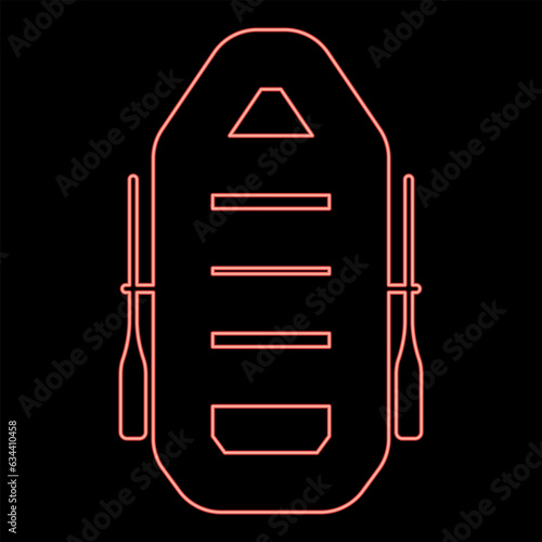 Neon inflatable boat with paddles oars water travel sport river ship leisure summer time concept red color vector illustration image flat style
