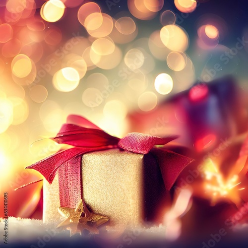 Festive background with christmas gift on blurred background with bokeh