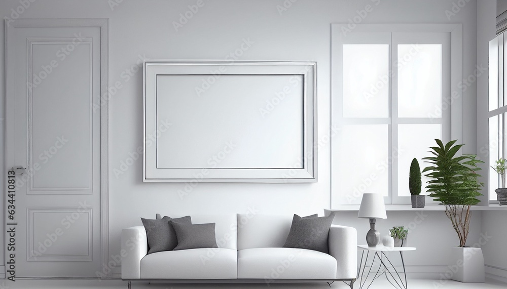 blank white picture frame on the white living room wall. Photo in high quality blank white picture frame on the white living room wall. Photo in high quality