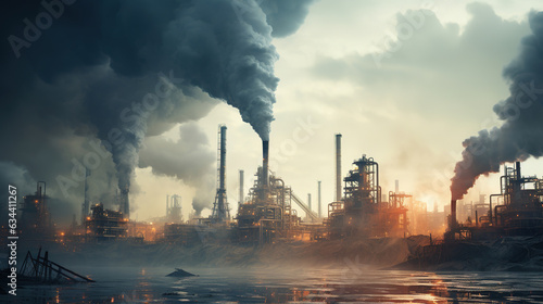 Concept of carbon emissions, represented by smoke billowing from factory chimneys and sinking into a thick smog. The environmental consequences of industrial pollution