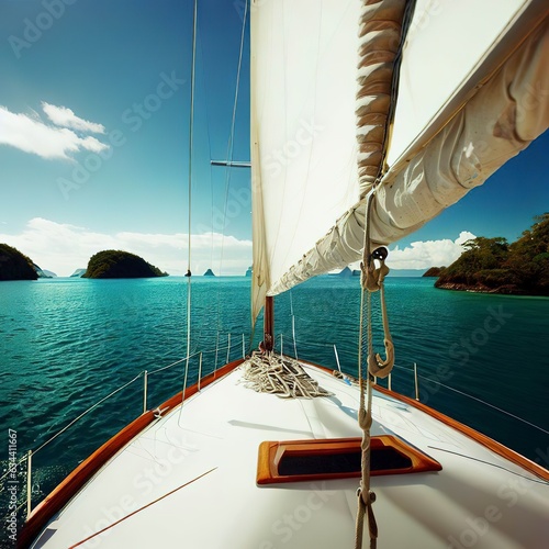 white sailboat sailing around some paradisiacal islands. View from the deck to the bow, mast, sails