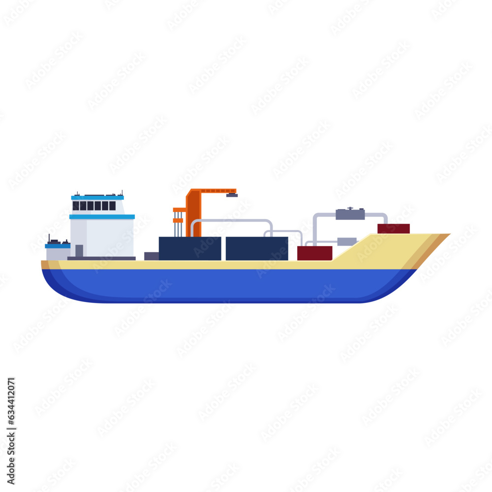 LNG tanker on white background. Side view of chemical cargo ship cartoon illustration. Cargo, shipping concept LNG tanker on white background. Side view of chemical cargo ship cartoon illustration. Cargo, shipping concept
