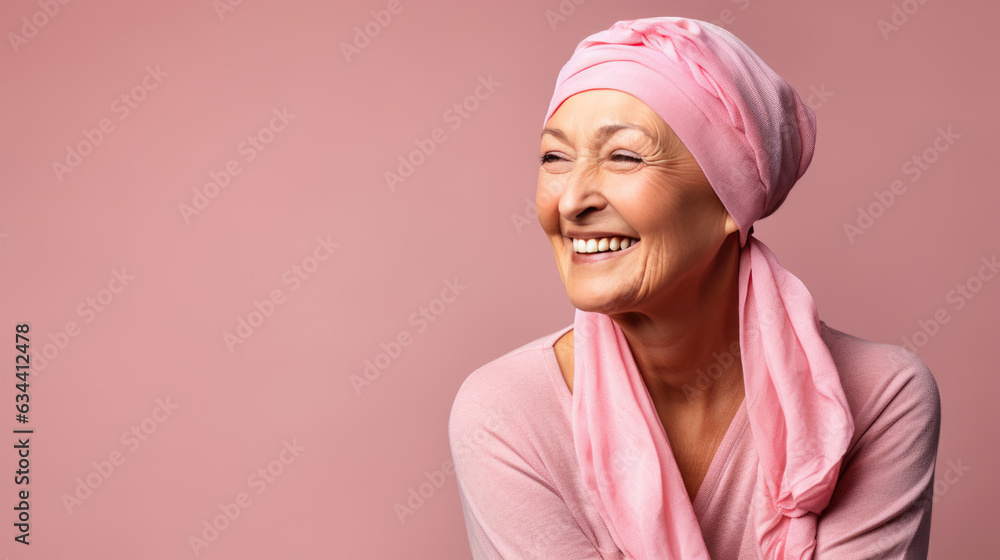 Middle-aged woman cancer patient wearing headscarf and smiling on pink background. Created with Generative AI technology. Middle-aged woman cancer patient wearing headscarf and smiling on pink background. Created with Generative AI technology.