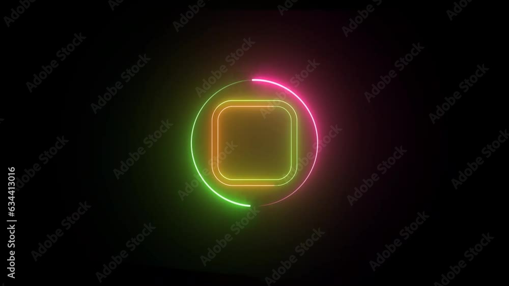 Neon rectangular frame icon animation . Glowing circle rotation on rectangular icon . Neon rectangular frame icon animation . Glowing circle rotation on rectangular icon .