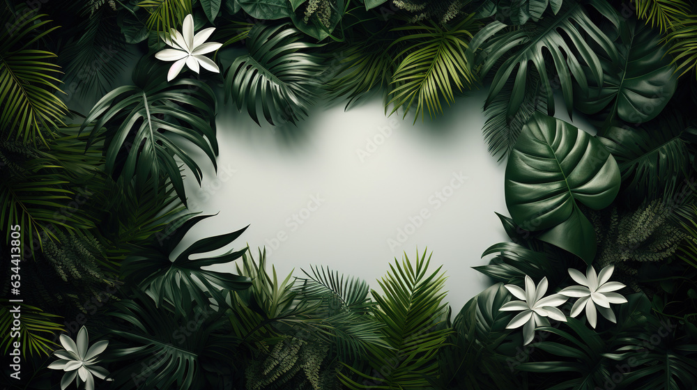 Blank, frame in center surrounded by dark green tropical leaves. The leaves are thick with jagged edges. The square is empty providing space for text or product display.