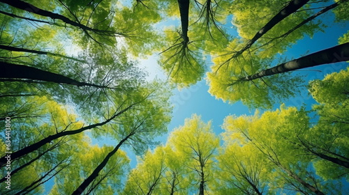 Forest trees view from below into the sky. Nature green wood sunlight backgrounds.Carbon credit trading concept. Reforestation concept for environmental sustainability.