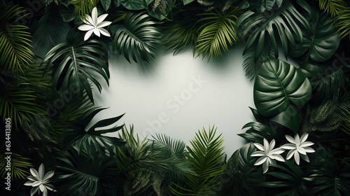 Blank  frame in center surrounded by dark green tropical leaves. The leaves are thick with jagged edges. The square is empty providing space for text or product display.