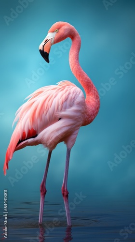 Photo of a vibrant pink flamingo standing gracefully in the sparkling water created with Generative AI technology