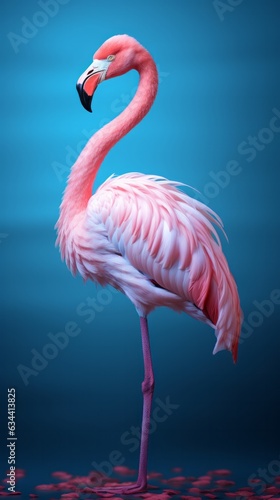 Photo of a vibrant pink flamingo standing on a vibrant blue background created with Generative AI technology