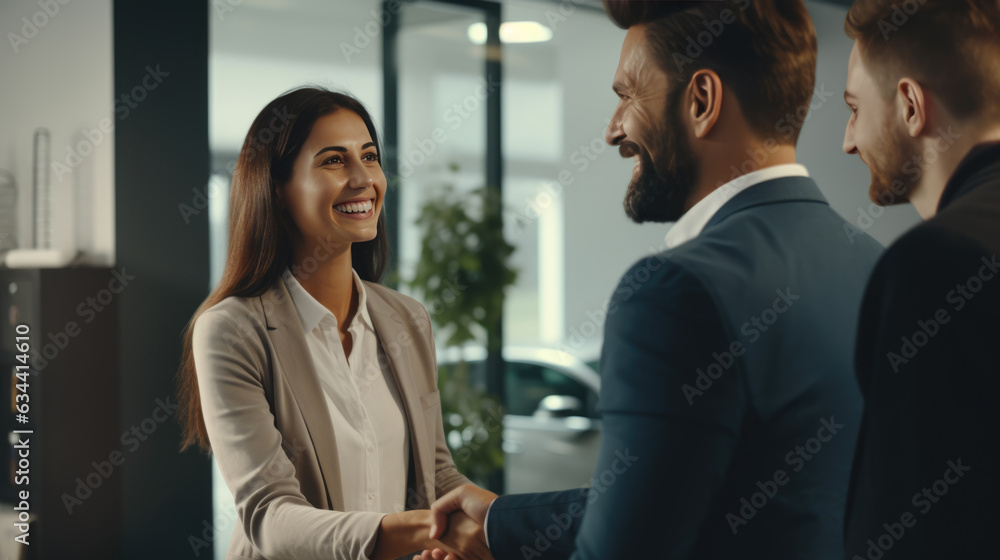 A group of businessmen and a businesswoman shake hands during an office meeting. Created with Generative AI technology. A group of businessmen and a businesswoman shake hands during an office meeting. Created with Generative AI technology.