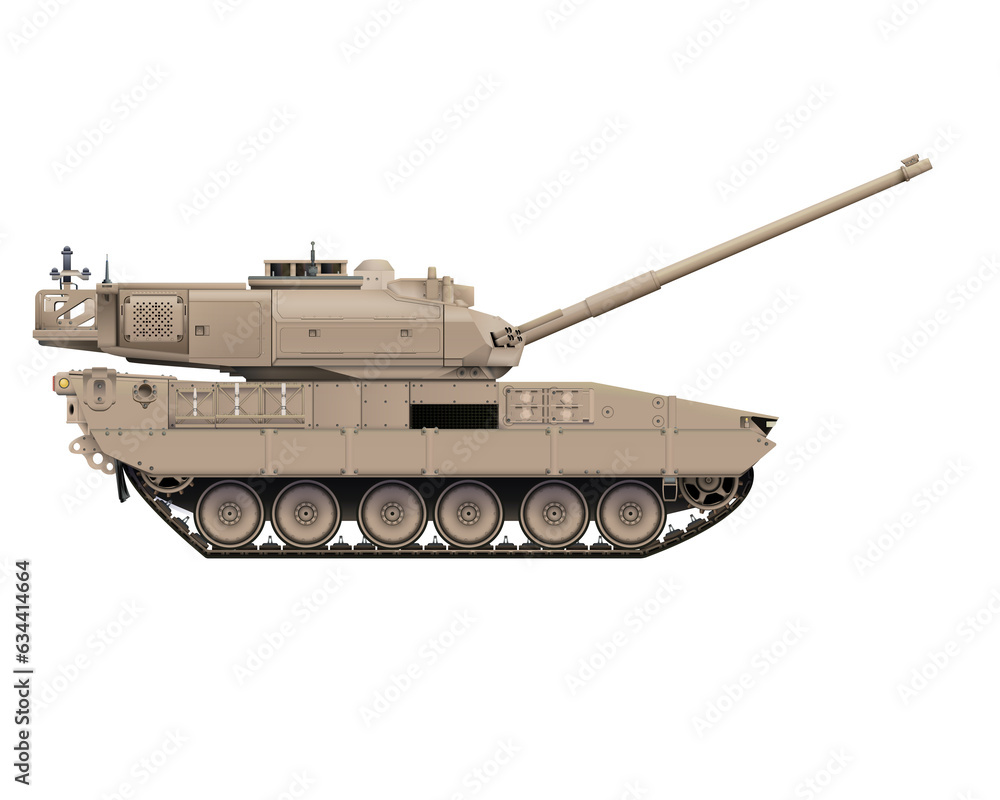 Main battle tank in realistic style. Hight barrel. Armored fighting military vehicle. Detailed colorful PNG illustration.