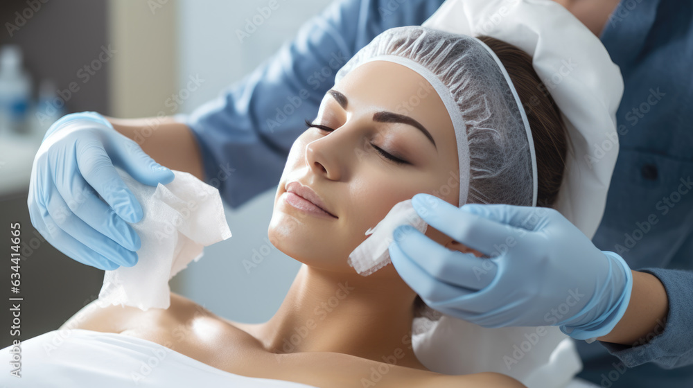 Woman has a relaxing cosmetic procedure performed by a cosmetic doctor at a clinic. Created with Generative AI technology. Woman has a relaxing cosmetic procedure performed by a cosmetic doctor at a clinic. Created with Generative AI technology.