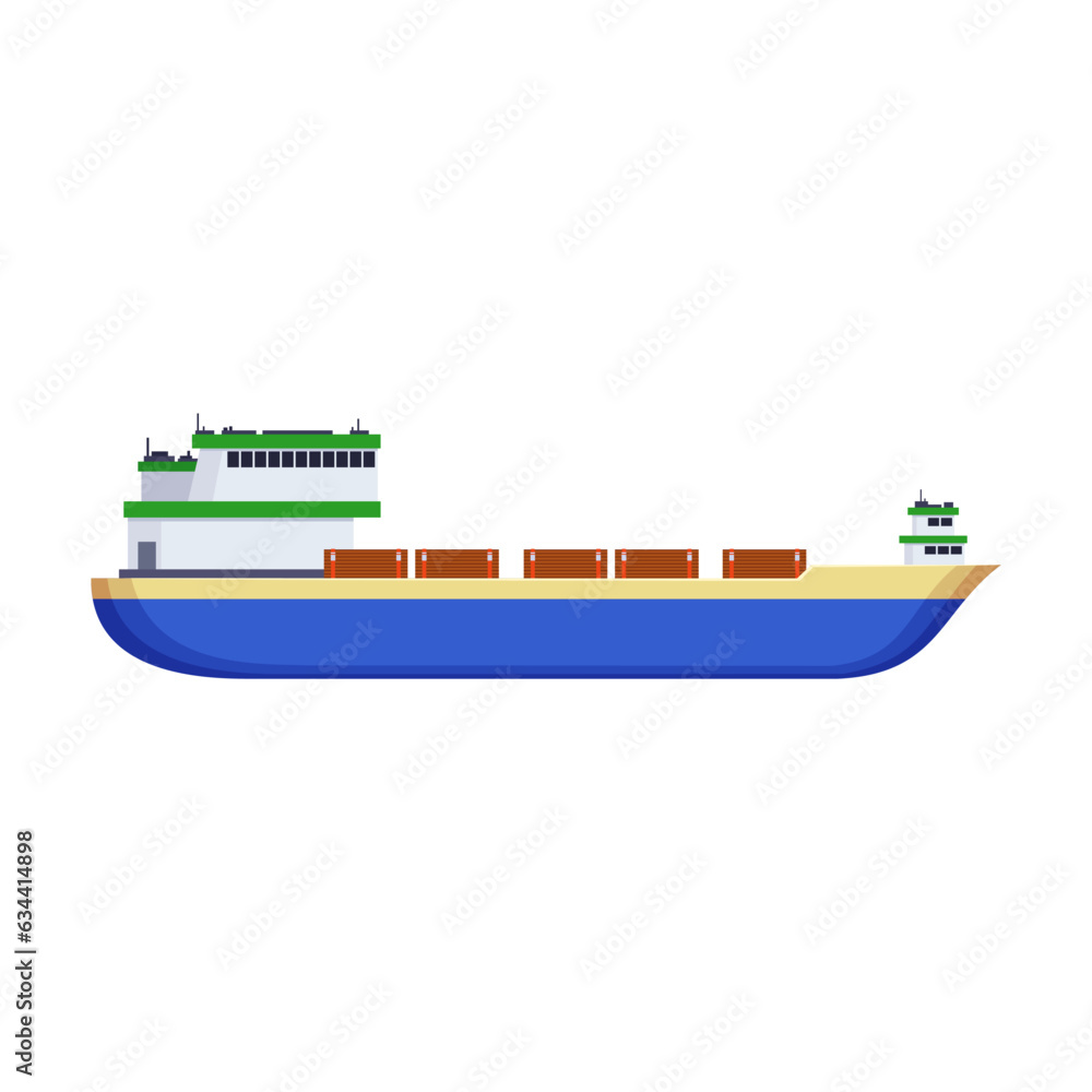 Side view of bulker on white background. Cargo ship or barge cartoon illustration. Commercial or industrial freight. Cargo, shipping concept Side view of bulker on white background. Cargo ship or barge cartoon illustration. Commercial or industrial freight. Cargo, shipping concept