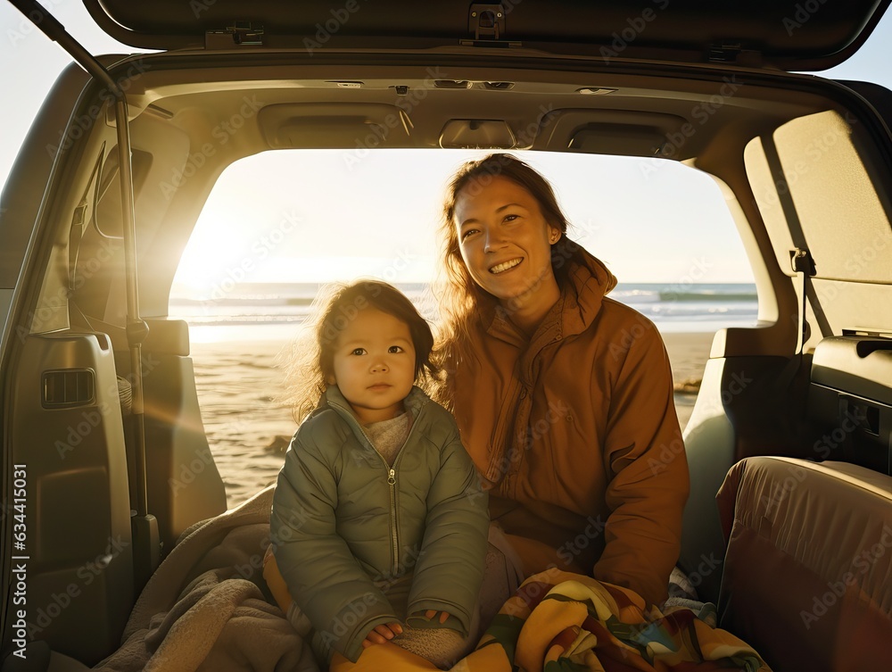 Woman with Child Resting in Minivan by Ocean