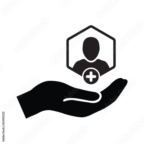 Patient icon. Customer icon with add, additional sign. Patient icon and new, plus, positive symbol. Patient, icon, new, customer, support, safety, retention, extra, join, more, plus