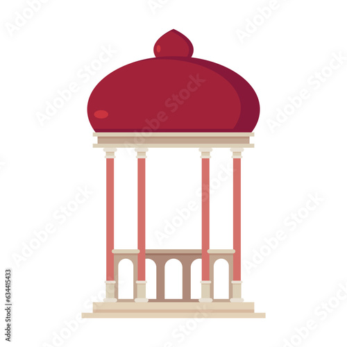 Outdoor pavilion in eastern style on white background. Pergola or gazebo cartoon illustration. Park or garden elements. Landscape design concept