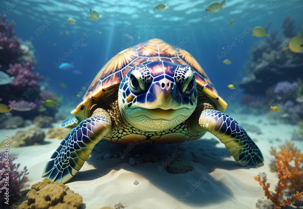 Obraz premium Cute turtle smiling under the sea