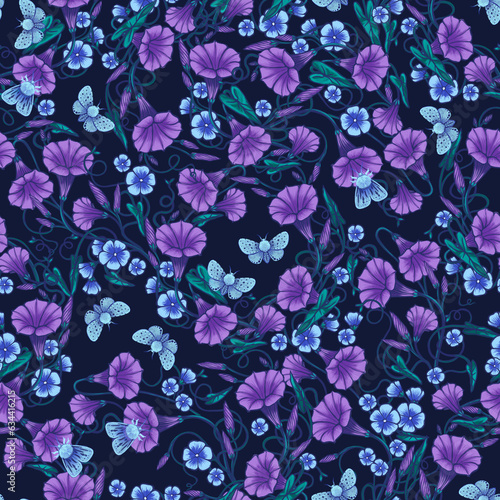 Dark floral seamless pattern of blue, purple and lilac flowers twigs green leaves and flying night moth blooming Morning glory bindweed flowers Hand drawn illustration Textile wallpaper design