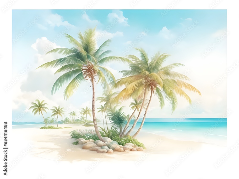 watercolor illustration oil painting of green tropical coconut palm trees on the sand sod, digital png, sharp design detailed hair, pastel tetradic, hand-drawn, graphics design, logo style, 2D Style, 
