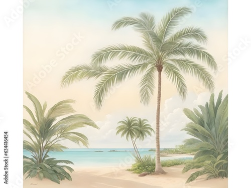 watercolor illustration oil painting of green tropical coconut palm trees on the sand sod  digital png  sharp design detailed hair  pastel tetradic  hand-drawn  graphics design  logo style  2D Style  