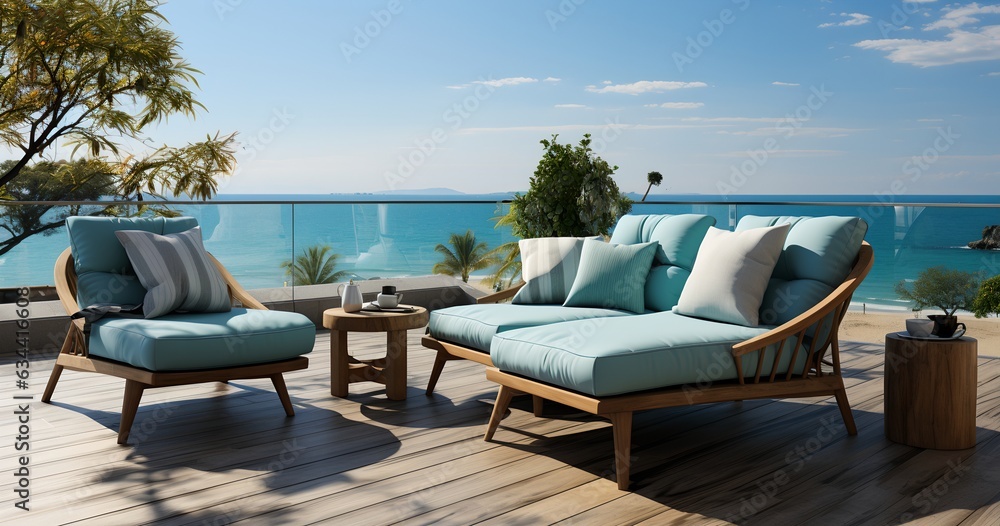 Terrace with a view of the ocean, generative ai