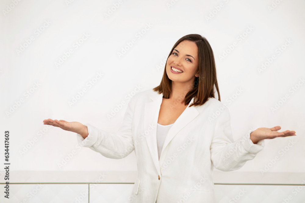 Happy Businesswoman Smiling Looking At Camera Standing Over White Wall Happy Businesswoman Smiling Looking At Camera Standing Over White Wall