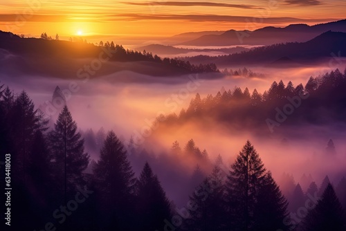 Colored sunrise in forested mountain slope and mist during autumn © CodrinAlexandru