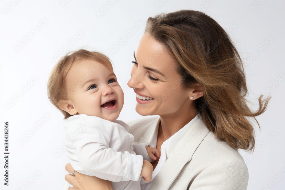 A business woman's face lights up with a warm smile and looking affectionately at her child. They share a joyful moment, embodying harmony of professional success and matural love. A business woman's face lights up with a warm smile and looking affectionately at her child. They share a joyful moment, embodying harmony of professional success and matural love.