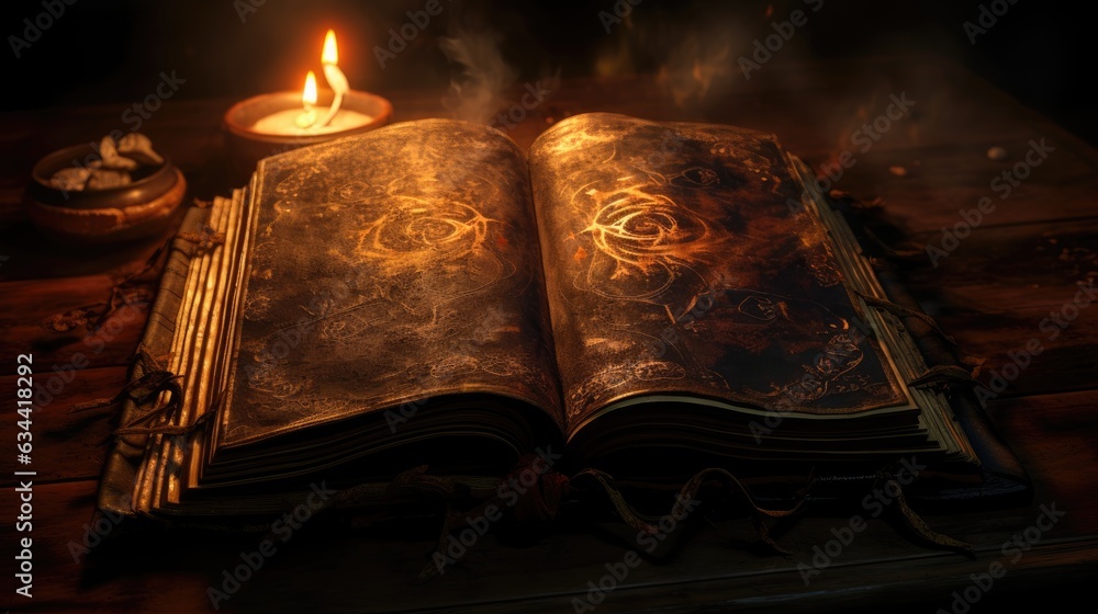 An eerily realistic close-up of a weathered, ancient tome with a worn leather cover and gilded edges, opened to a page filled with intricate, handwritten spells.