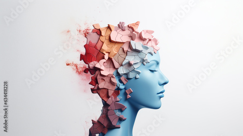 Woman head with colorful paint splashes. Mental health disorder concept.