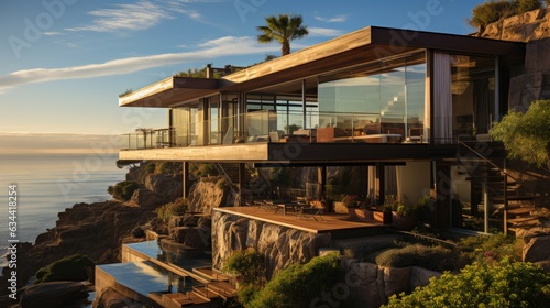 Modernist residence perched atop a cliff, overlooking the vast expanse of the ocean. 
