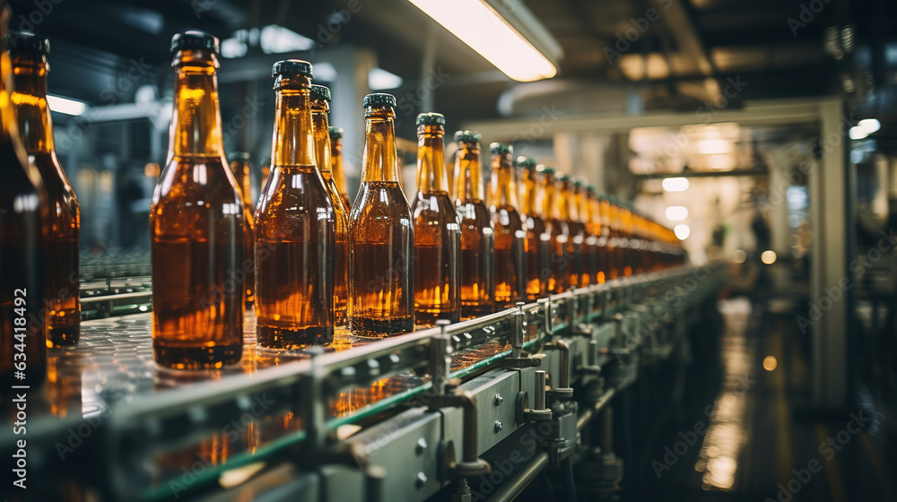 Beer bottles on production line with big machine at Beverage factory interior, machine working bottles production line Beer bottles on production line with big machine at Beverage factory interior, machine working bottles production line