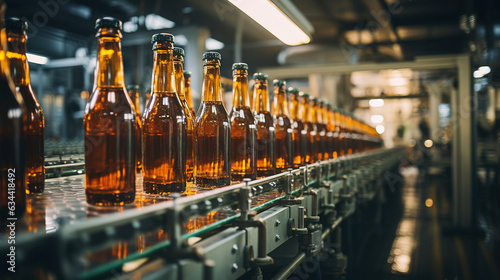 Beer bottles on production line with big machine at Beverage factory interior  machine working bottles production line