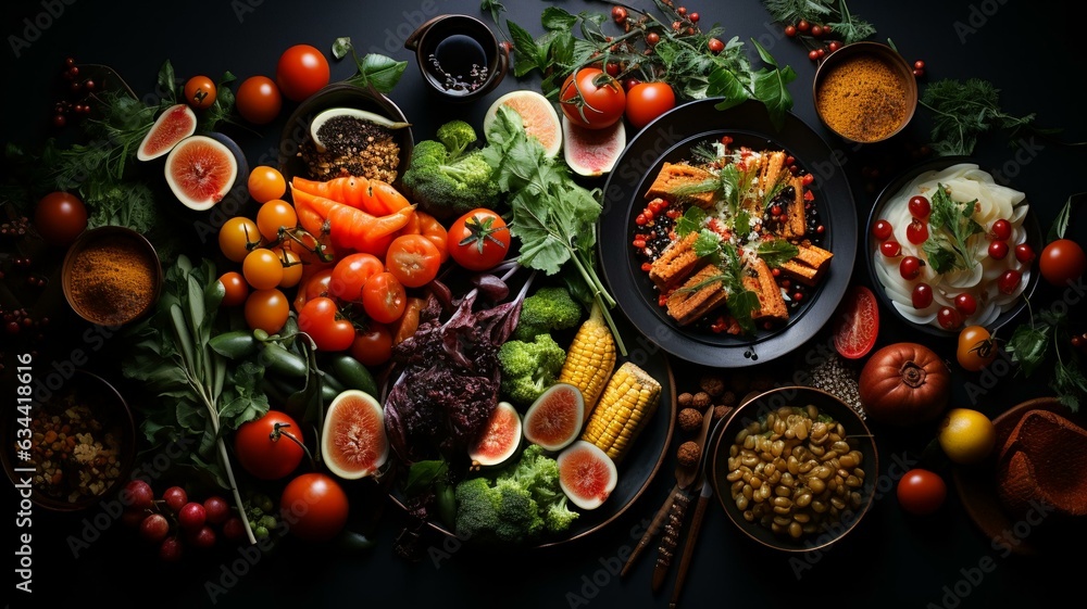 Top view over food banquet bright background Top view over food banquet bright background