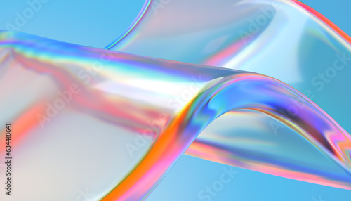 Transparent glossy glass ribbon. Curved wave in motion. 