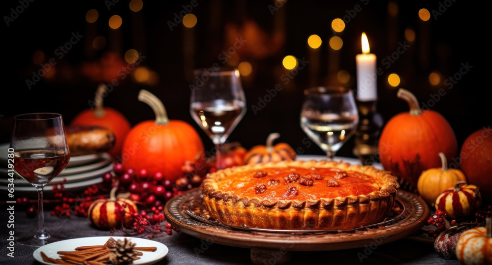 Thanksgiving pumpkin pie is elegantly served with candles on a wooden table Thanksgiving pumpkin pie is elegantly served with candles on a wooden table