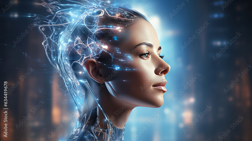 AI concept image showcases a digital hologram of the human head, symbolizing the fusion of technology and the human mind. Limitless potential of artificial intelligence.