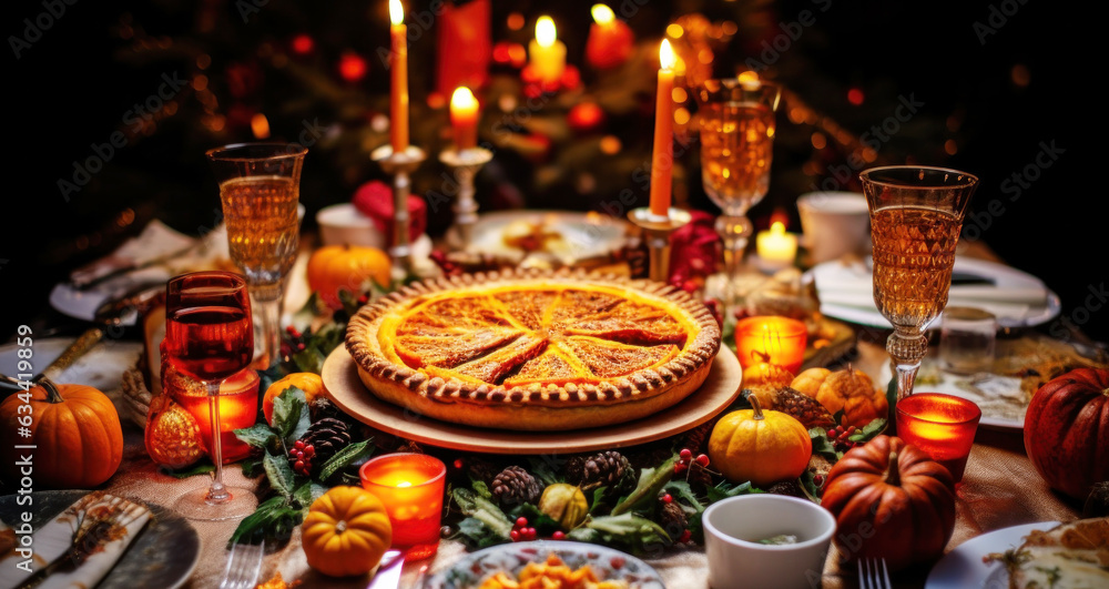 Thanksgiving pumpkin pie is elegantly served with candles on a wooden table 